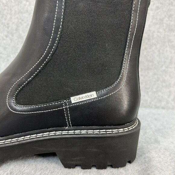 Women's Calvin Klein Size 9 Black Boots Shari Lug Chelsea Leather Combat Chunky - Picture 3 of 12
